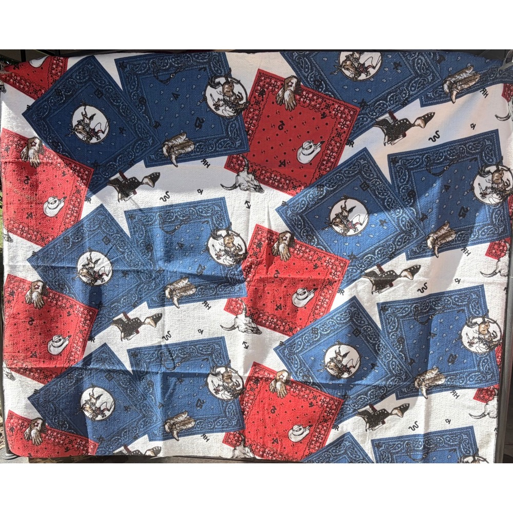 Vintage Western Bandana Blanket Cowboy Print Bronco Red White Blue Rockabilly